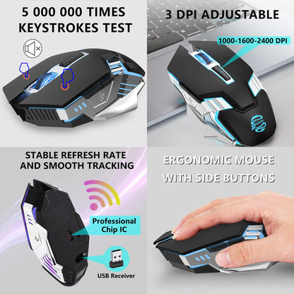 Bluetooth Gaming Mouse, RGB Rechargeable USB Wireless Mouse, Quiet Click, LED Backlit, Ergonomic, with Side Button, 6 Button, DPI Adjustable, Computer Mice for Laptop PC MacBook Chromebook - Grey