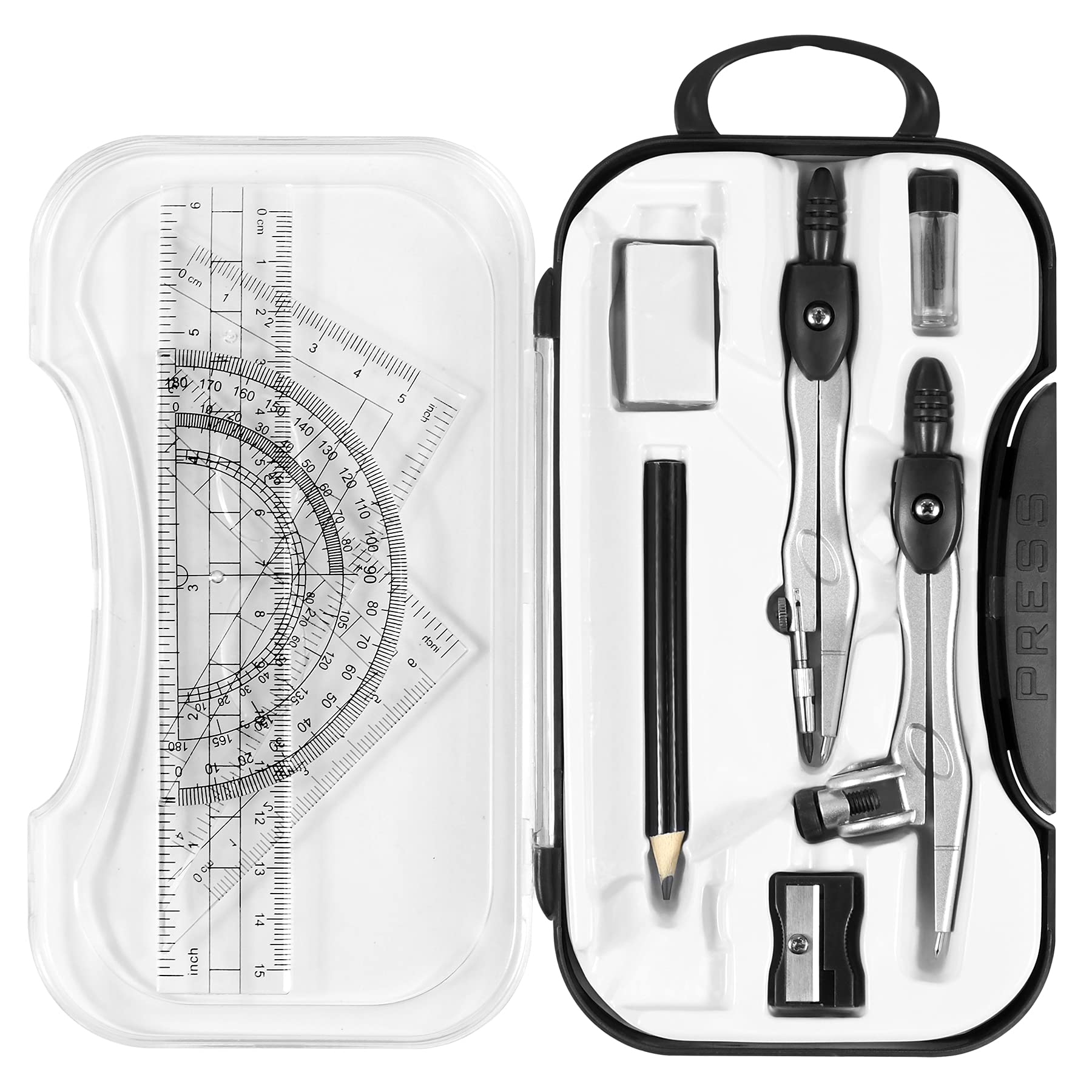 Math Geometry Kit Sets 10 Piece Student Supplies with Shatterproof Storage Box,Includes Rulers,Protractor,Compass,Eraser,Pencil Sharpener,Lead Refills,Pencil,for Drafting and Drawings（Green）