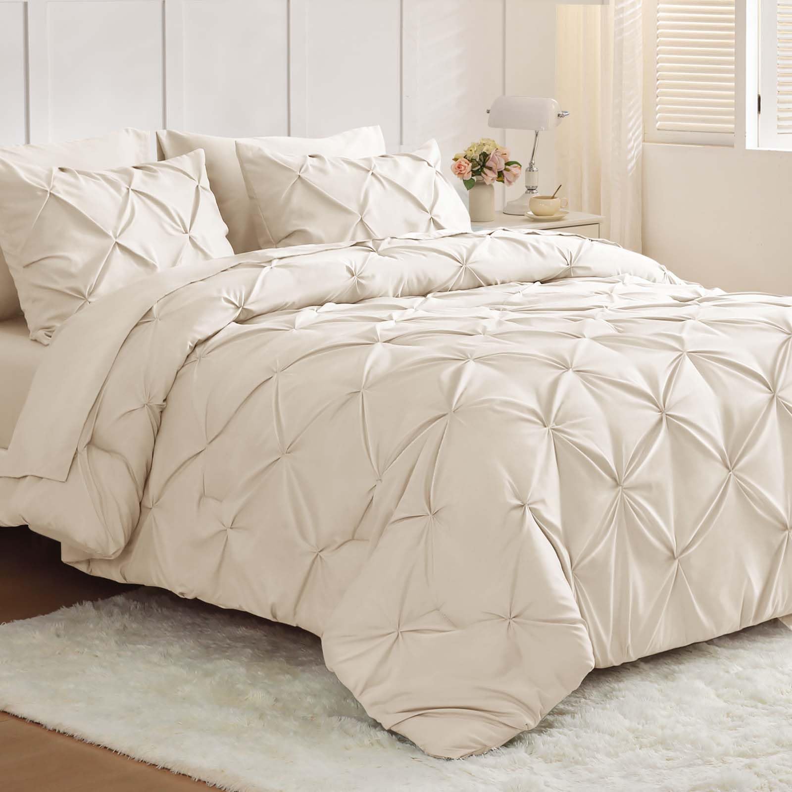 JOLLYVOGUE Queen Comforter Set 7 Pieces - Bed in a Bag Queen for All Season, Pintuck Bedding Comforter Sets with Comforter, Flat Sheet, Fitted Sheet and Pillowcases & Shams, Black