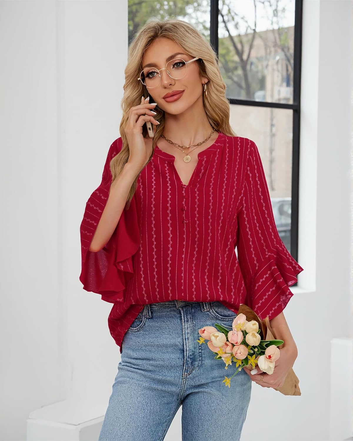 Bebonnie Womens Tops Dressy Casual Ruffle 3/4 Sleeve Henley V Neck Chiffon Blouses with Buttons