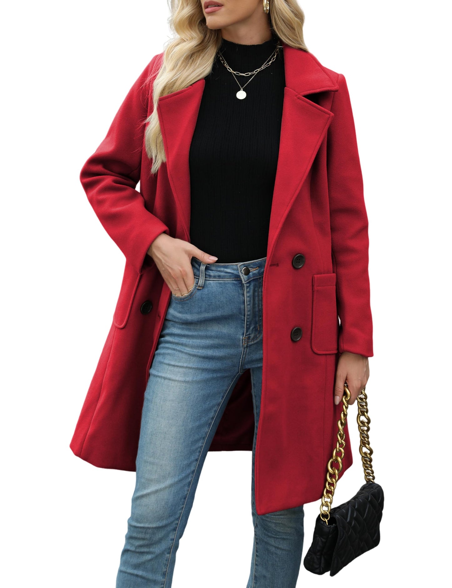 Bankeng Women Winter Wool Blend Camel Mid-Long Coat Notch Double-Breasted Lapel Jacket Outwear