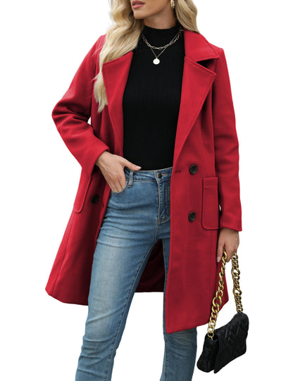 Bankeng Women Winter Wool Blend Camel Mid-Long Coat Notch Double-Breasted Lapel Jacket Outwear