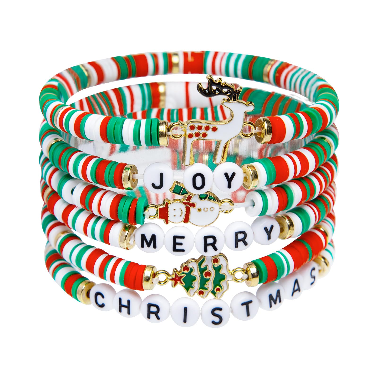 Artlunar 6 Pack Christmas Bracelets: Joy & Merry Candy-Style Stacks for Women & Teens - Perfect Christmas Gifts - Age 3 to Adult