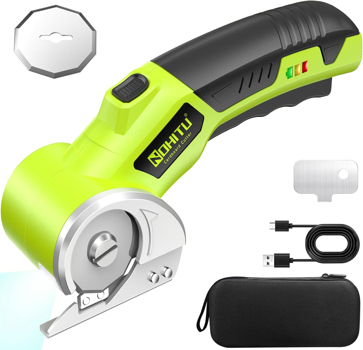 Cordless Electric Scissors: 4V Rechargeable Rotary Cardboard Cutter, 3000mAh Battery, with LED Light, 2 Blades, Box Cutter for Fabric Carpet Carton Plastic Leather Cloth