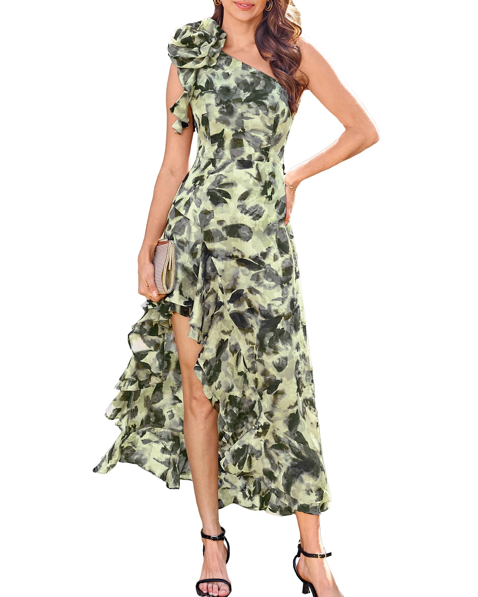 GRACE KARIN Womens Summer One Shoulder Sleeveless Dresses Floral Flowy Ruffle High Low Wedding Guest Maxi Sundresses