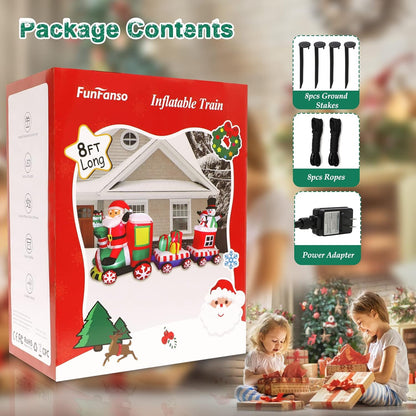 8 FT Christmas Inflatable Train with Santa Claus, Snowman, Penguin, Gift Boxes, Xmas Blow Up Yard Decors with Built-in Led Lights, Lovely Train Carriage for Holiday Display Lawn Garden Party Decor