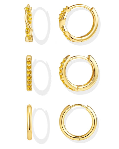 Inerney Gold Huggie Hoop Earrings Set for Women, Dainty Small Sterling Silver Earring Stacks Hypoallergenic Jewelry for Multiple Piercings, Trendy Twisted Cute Cartilage Hoops Birthstone Gift 3 Pairs