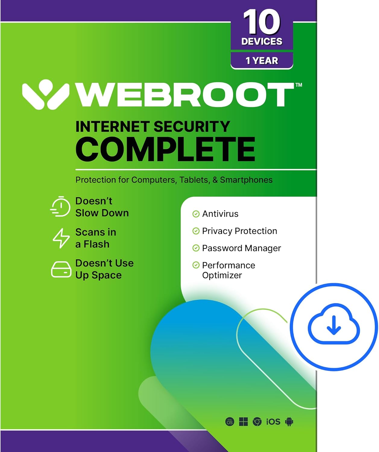 Webroot Internet Security Complete Antivirus Software 2026 10 Device 1 Year Download for PC/Mac/Chromebook/Android/IOS + Password Manager, Performance Optimizer