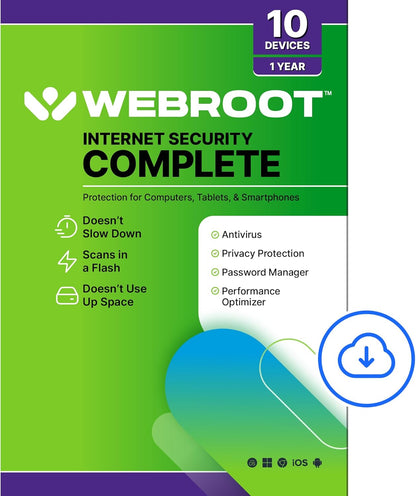 Webroot Internet Security Complete Antivirus Software 2026 10 Device 1 Year Download for PC/Mac/Chromebook/Android/IOS + Password Manager, Performance Optimizer