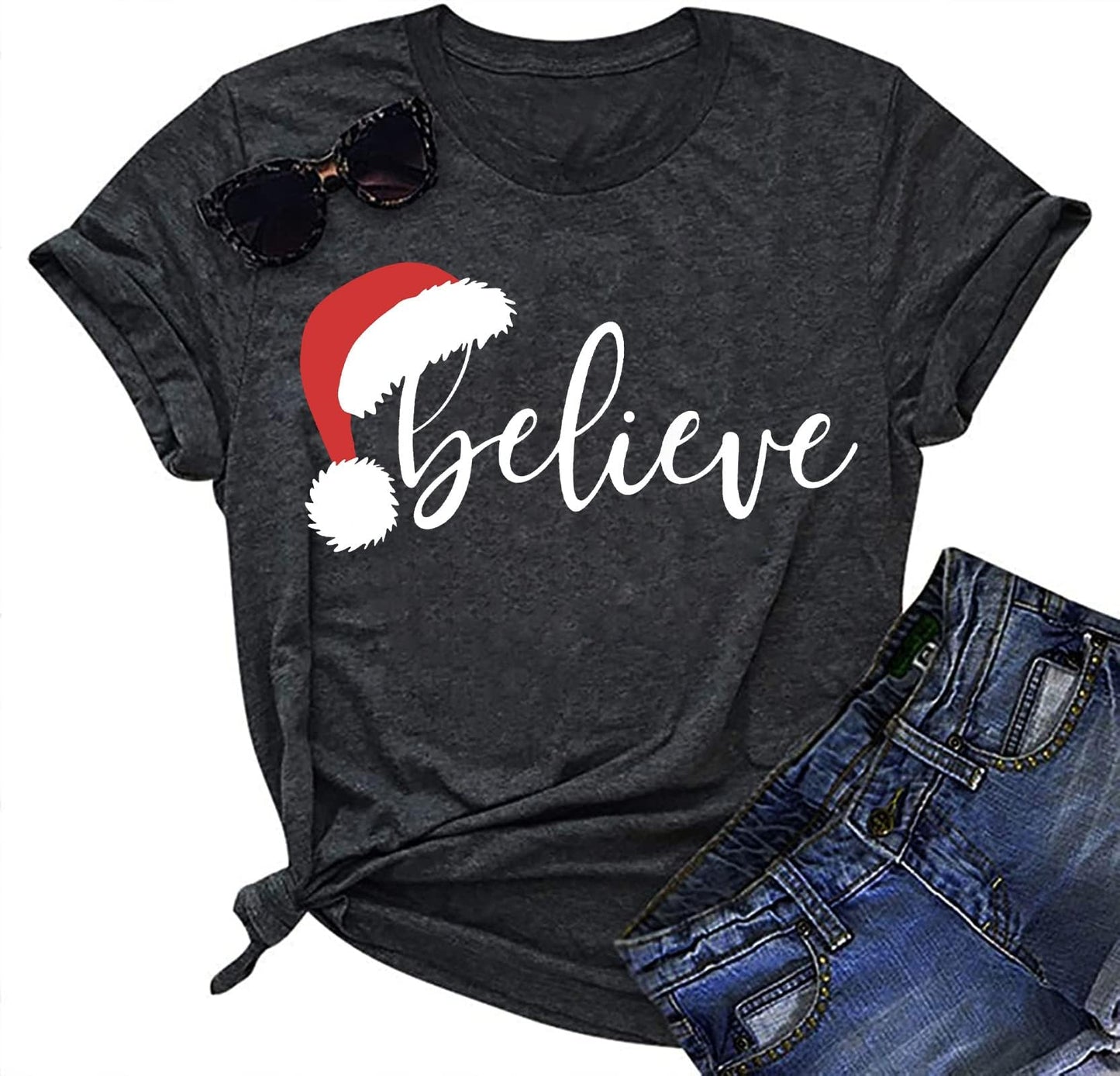 Believe Christmas Shirt for Women Christmas Tree Graphic T-Shirts Believe Letter Print Tees Holiday Tops