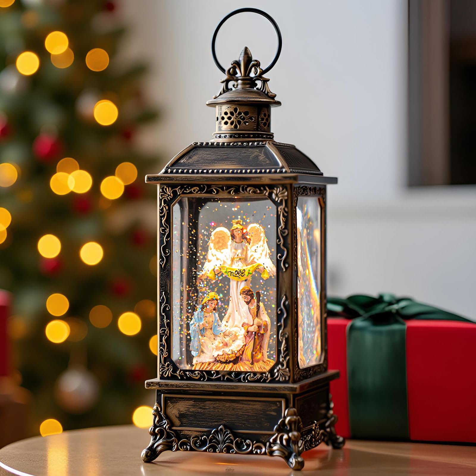 Christmas Snow Globe Swirling Glittering Nativity Scene with Music, USB Lined/Battery Operated Lighted Water Lantern for Christmas Festival Decoration Gifts