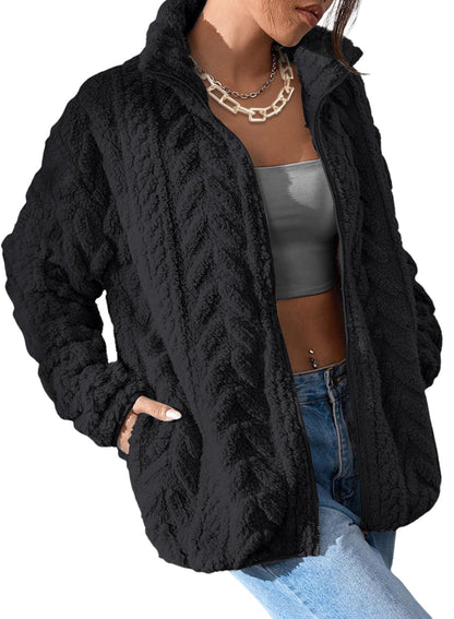 Dokotoo Winter Fleece Jacket for Women 2025 Zipper Stand Collar Casual Coats with Pockets