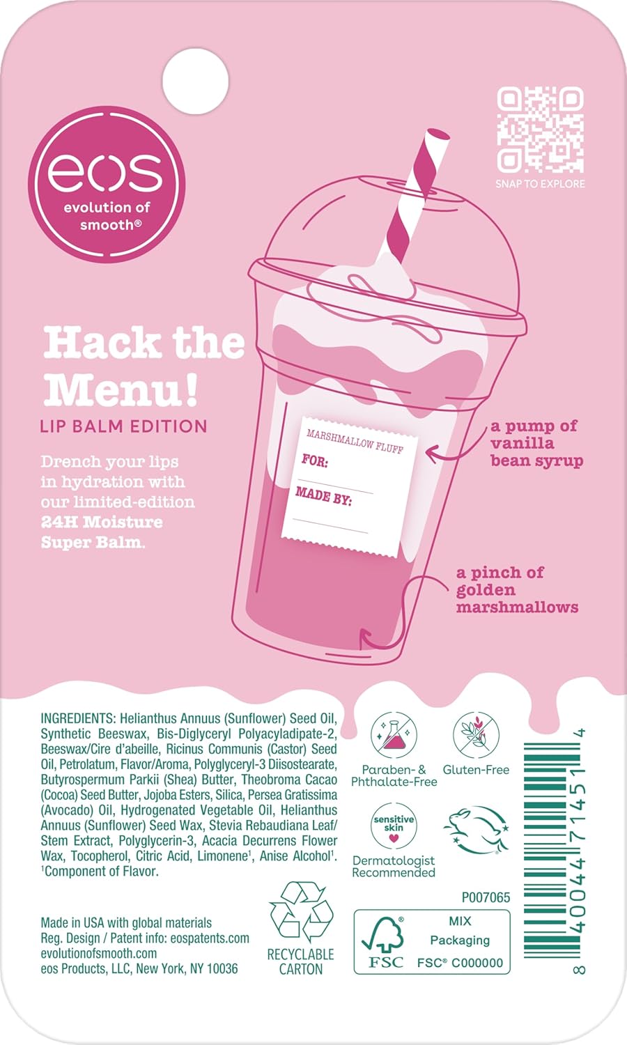eos 24H Moisture Super Balm - Marshmallow Fluff, Lip mask, Moisturizing, Lip Treatment, Limited-Edition, 0.35 fl oz
