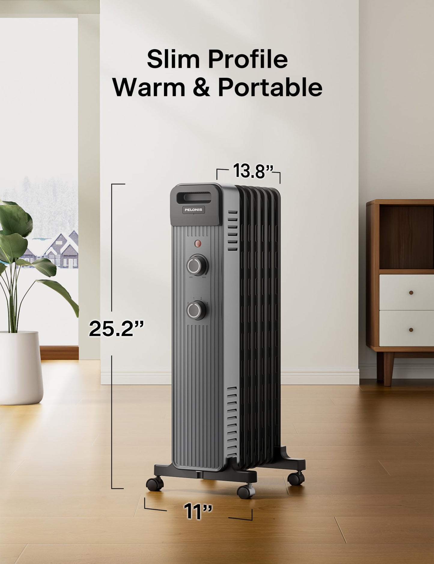 Pelonis Oil Filled Radiator Heater for Large Space, 2025 Upgraded, Space Heaters with 1500W Quiet Warmth Radiant Heater, 3 Heating Modes, Overheat & Tip-Over Protection, Adjustable Thermostat, Black