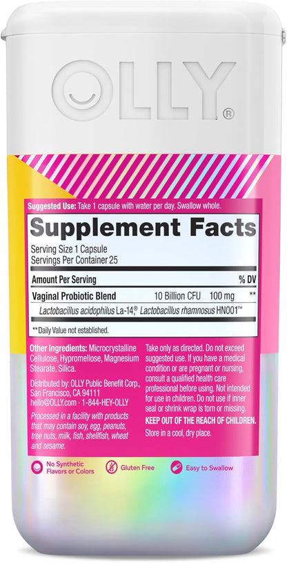 OLLY Happy Hoo-Ha Capsules, Probiotic for Women, Vaginal Health and pH Balance, 10 Billion CFU, Gluten Free - 25 Count