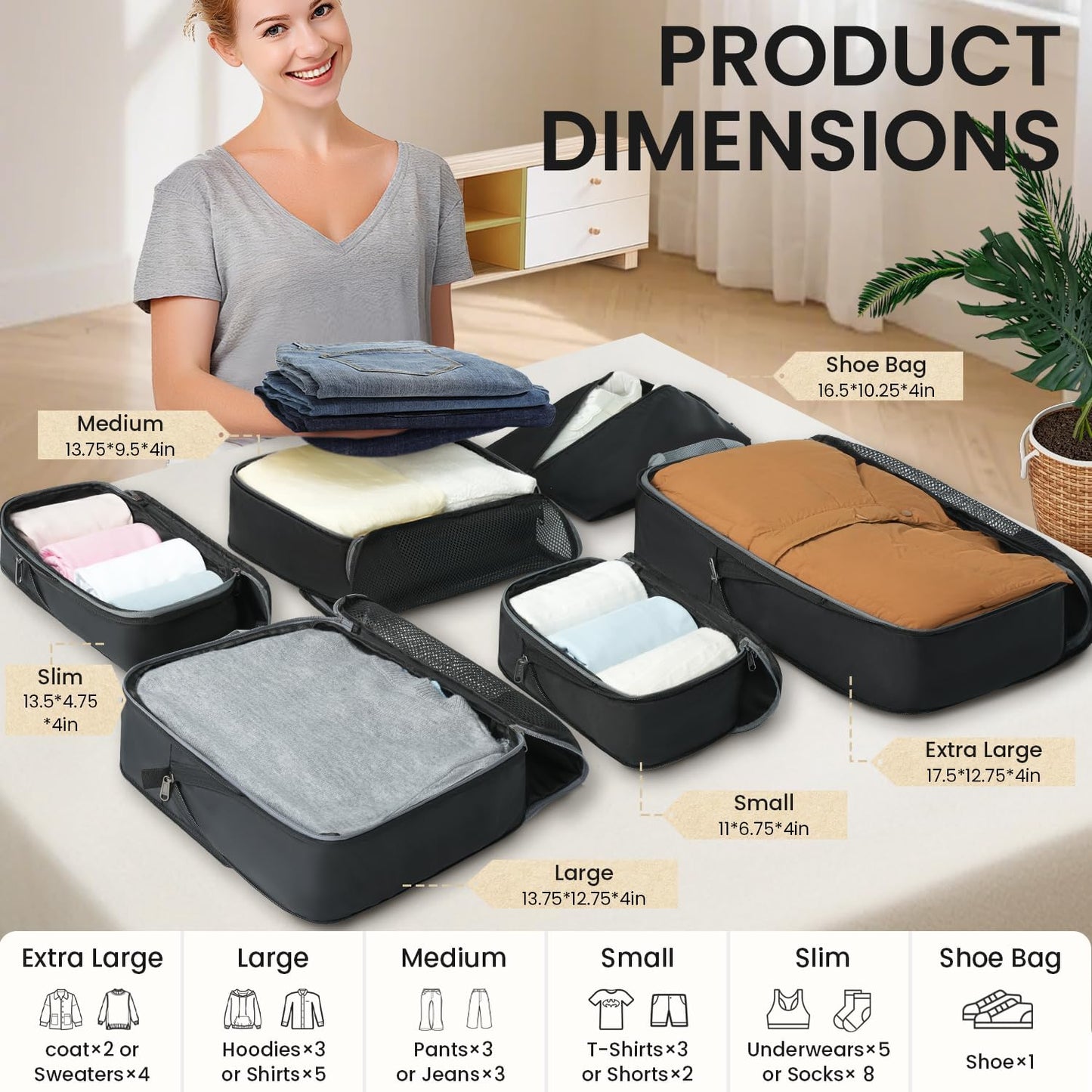 BAGAIL 4 Set/6 Set/8 Set Compression Packing Cubes Travel Accessories Expandable Packing Organizers (Half Mesh, 6-Black)