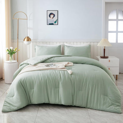 Litanika Queen Comforter Set Sage Green, 3 Pieces Lightweight Comforters Queen Size Solid Bedding Comforters Sets, Down Alternative Comforter Bed Set Quilt Blanket