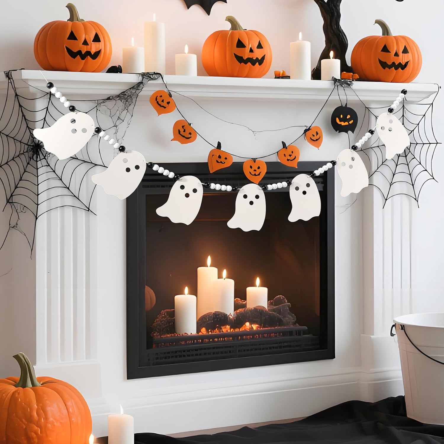 Cute Halloween Ghost Garland Decorations Indoor Outdoor, Wood Ghost Banner with Beads, Rustic Halloween Banner for Haunted House Party Decor
