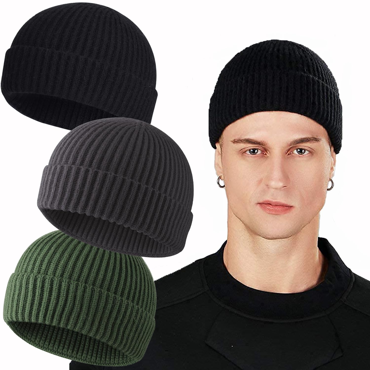 ROYBENS Swag Wool Knit Cuff Short Fisherman Beanie for Men Women, Winter Warm Hats