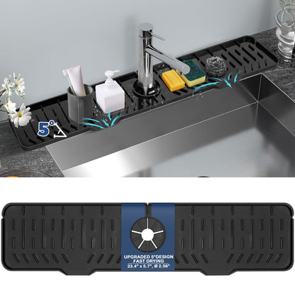 Silicone Faucet Handle Drip Catcher Tray Mat, Silicone Faucet Mat Dish Soap Sponge Holder for Kitchen Sink Accessories Gadgets, Drying Mat for Kitchen Counter Bathroom Kitchen Sink Splash Guard -Grey