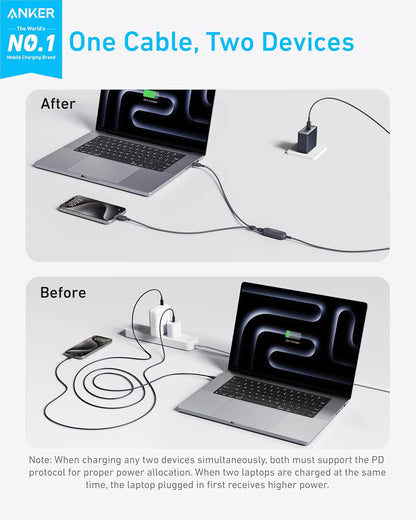 Anker Cable,6FT 2-in-1 USB C to USB C Cable 140W Max,Fast Charging for iPhone 16/16 Pro Max/15 Series,MacBook Air/Pro,and More(Braided,Black)