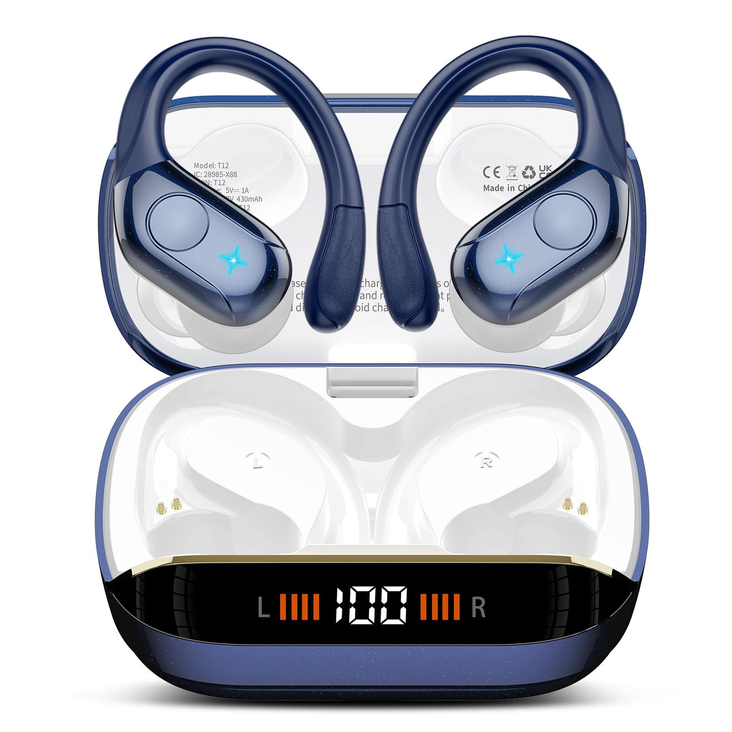 Wireless Earbuds Bluetooth 5.4 Headphones 75H Stereo Deep Bass Sports Over Ear Buds with Earhooks, LED Display Bluetooth Earbuds with 4 ENC Mic, IP7 Waterproof Earphone for Running, Black