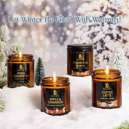 Winter Candle Set, Candles for Home Scented, 4 Pack Soy Candles for Holiday, Holiday Candle Gifts for Women Men, Winter Scents of Gingerbread Cookies/Apple & Cinnamon/Coffee Latte/Pine & Cedarwood