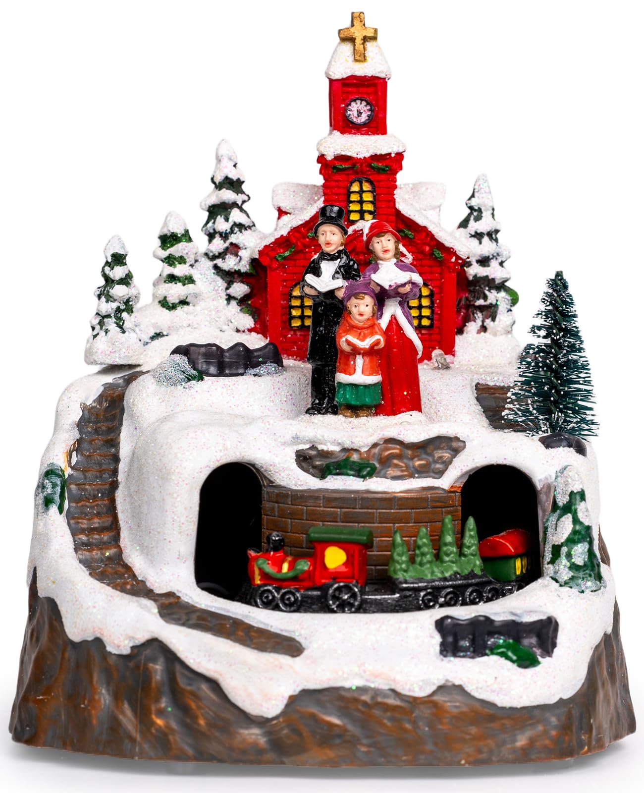 Animated Musical Christmas Village Figurines Christmas Collectibles Statues Church Building and Snowman with Rotating Train LED Lights, Battery & USB Home Decor Gifts Festive Holiday Decorations