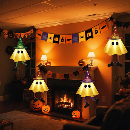 3 PCS Halloween Hanging Ghosts - Halloween Decorations Outdoor Hanging Ghosts with Witch Hats, Glowing Ghost Witch Hats Lights, Halloweens Ghosts Decor for Yard Door Patio Garden Tree Outside
