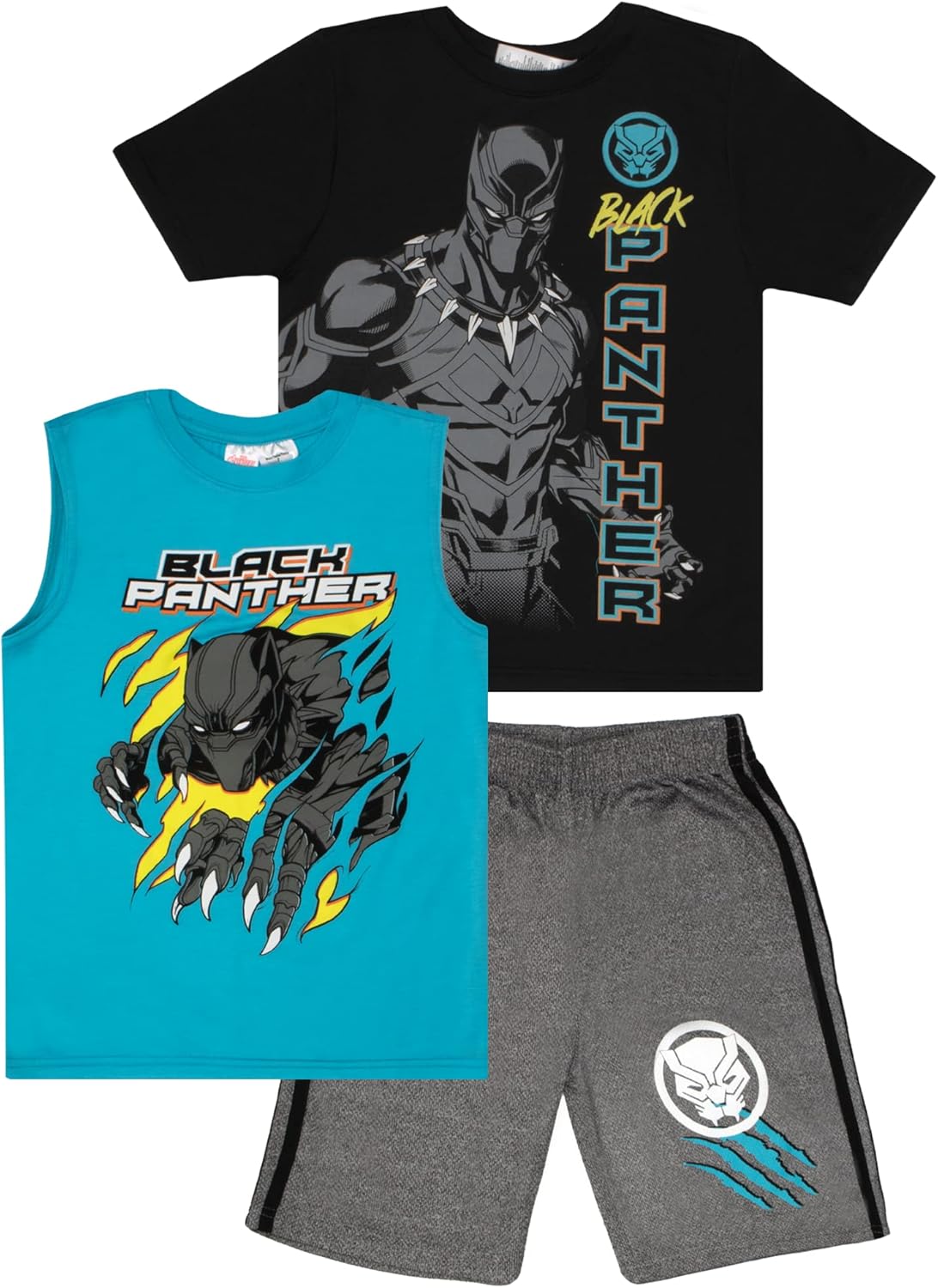 Marvel Avengers Spider-Man Black Panther Miles Morales Boys Superhero Short Sleeve T-Shirt, Tank Top and Mesh Shorts Set