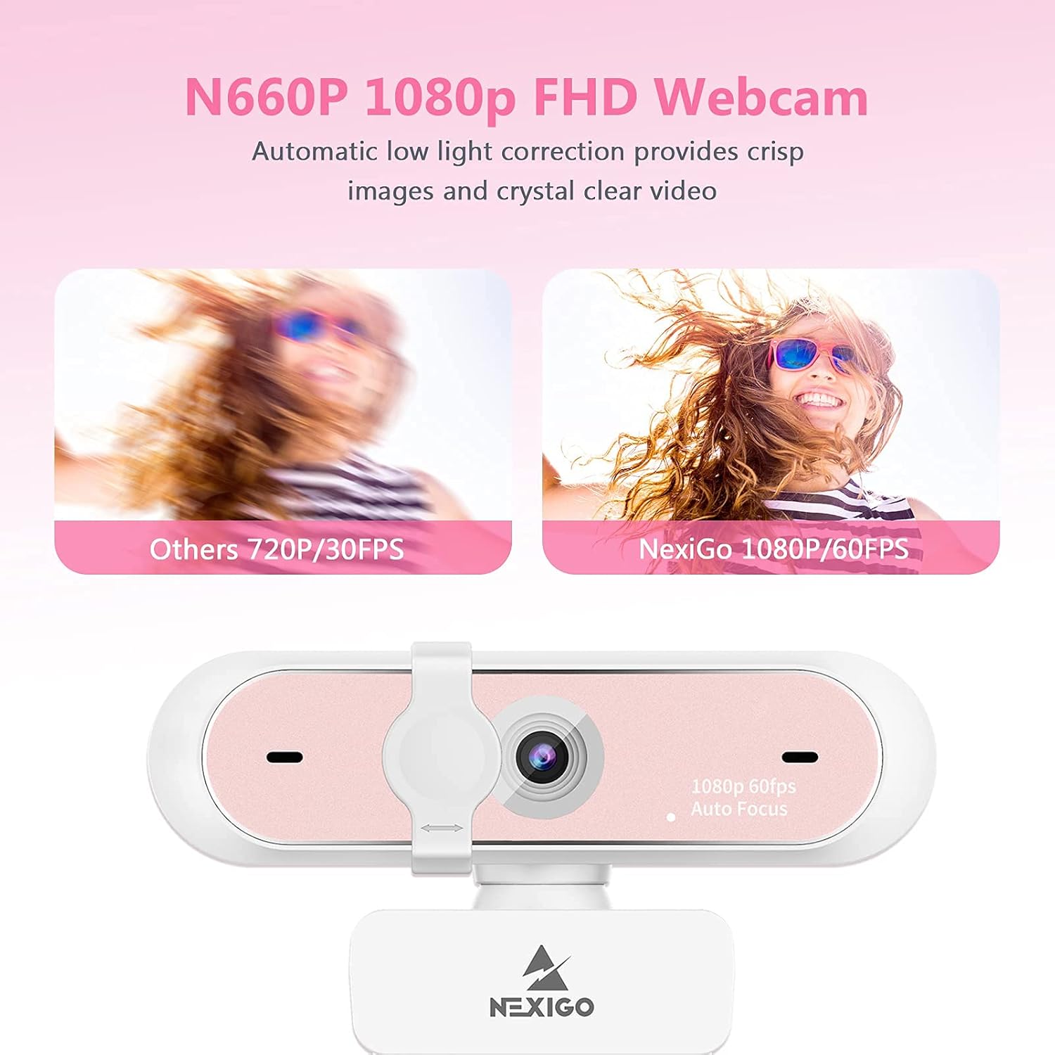 60FPS AutoFocus 1080P Webcam with Dual Microphone & Privacy Cover, 2021 NexiGo N660P Pro HD USB Computer Web Camera, for OBS Gaming Zoom Meeting Skype FaceTime Teams, Pink (Renewed)