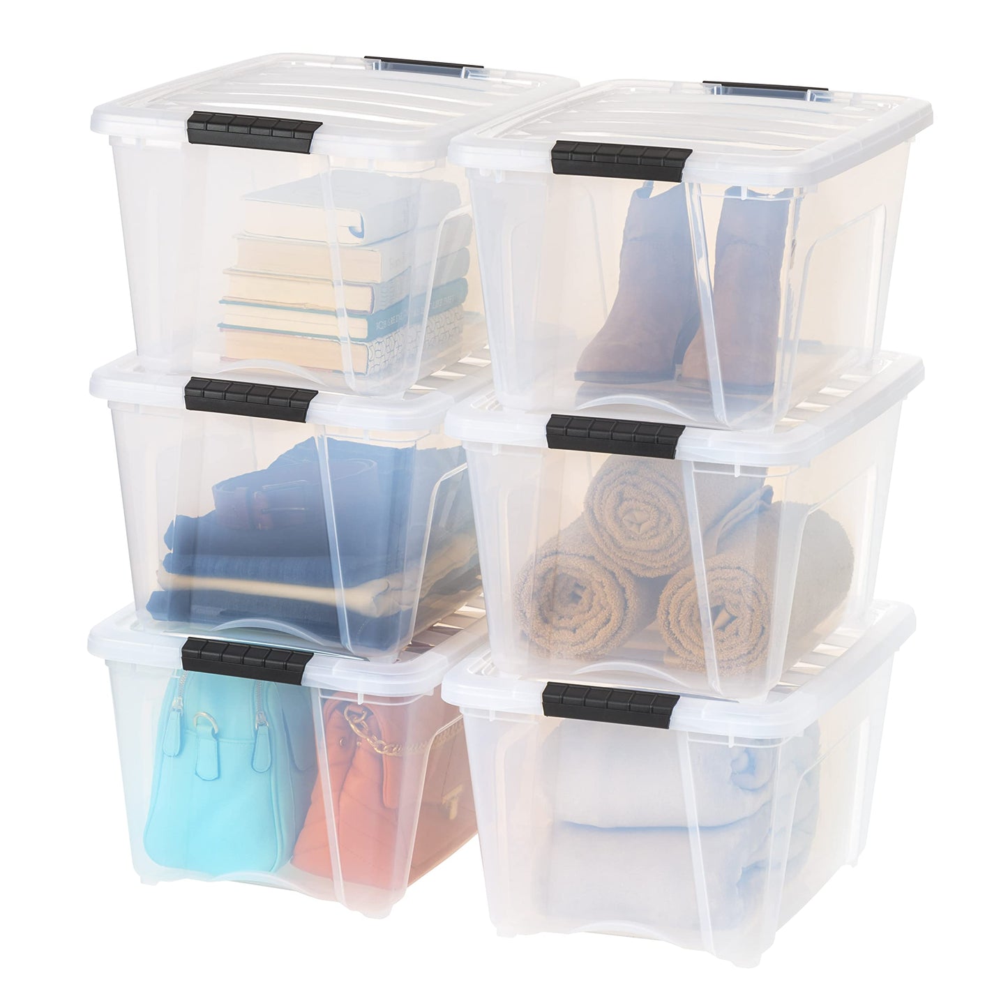 IRIS USA 13 Qt Stackable Plastic Storage Bins with Lids, 6 Pack - BPA-Free, Made in USA - Discreet Organizing Solution, Latches, Durable Nestable Containers, Secure Pull Handle - Pearl