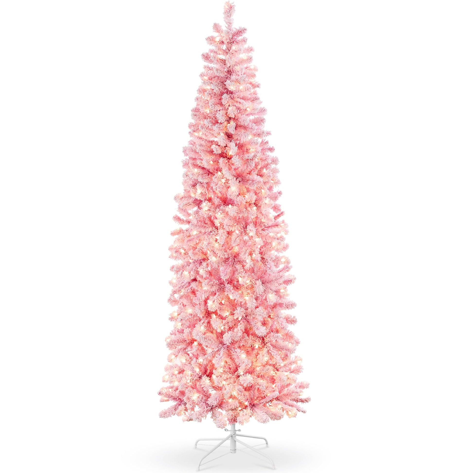 Best Choice Products Flocked Pencil Christmas Tree, Pre-Lit Slim Artificial Holiday Decoration, 7.5ft Lighted Skinny w/Base, Warm White Lights