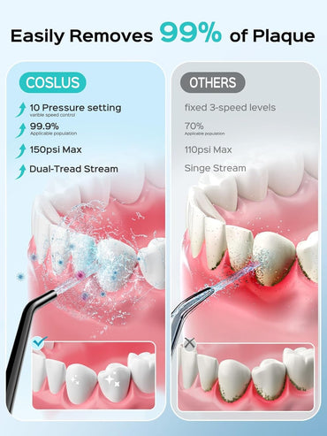 COSLUS Cordless Water Flosser & Dental Pick for Teeth, Braces, Gums Care - Advanced 10 Pressure Settings for Multiple Users, Rechargeable, Portable for Travel, BPA-Free, Black, E40(WFP14)