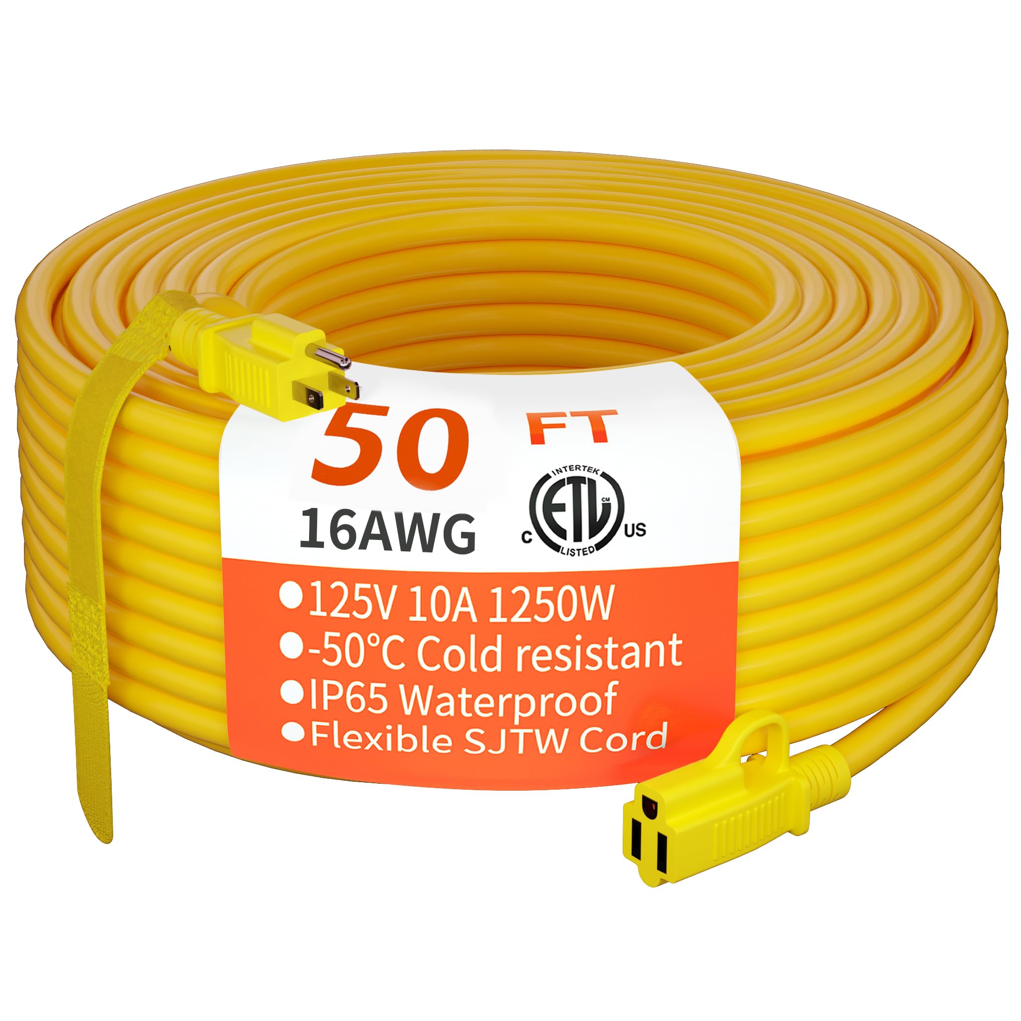 HUANCHAIN Indoor Outdoor Black Extension Cord 50 ft Waterproof, 16/3 Gauge Flexible Resistant Appliance Extension Cord Outside, 13A 1625W 16AWG SJTW, 3 Prong Heavy Duty Electric Cable, ETL Listed