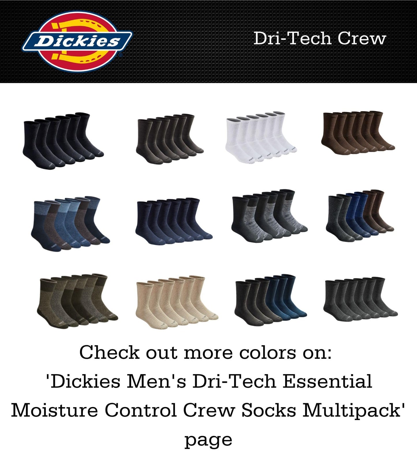 Dickies Men's Dri-Tech Original Moisture Control Crew Socks, Available in M-XXL (6, 12, 18 Pairs)