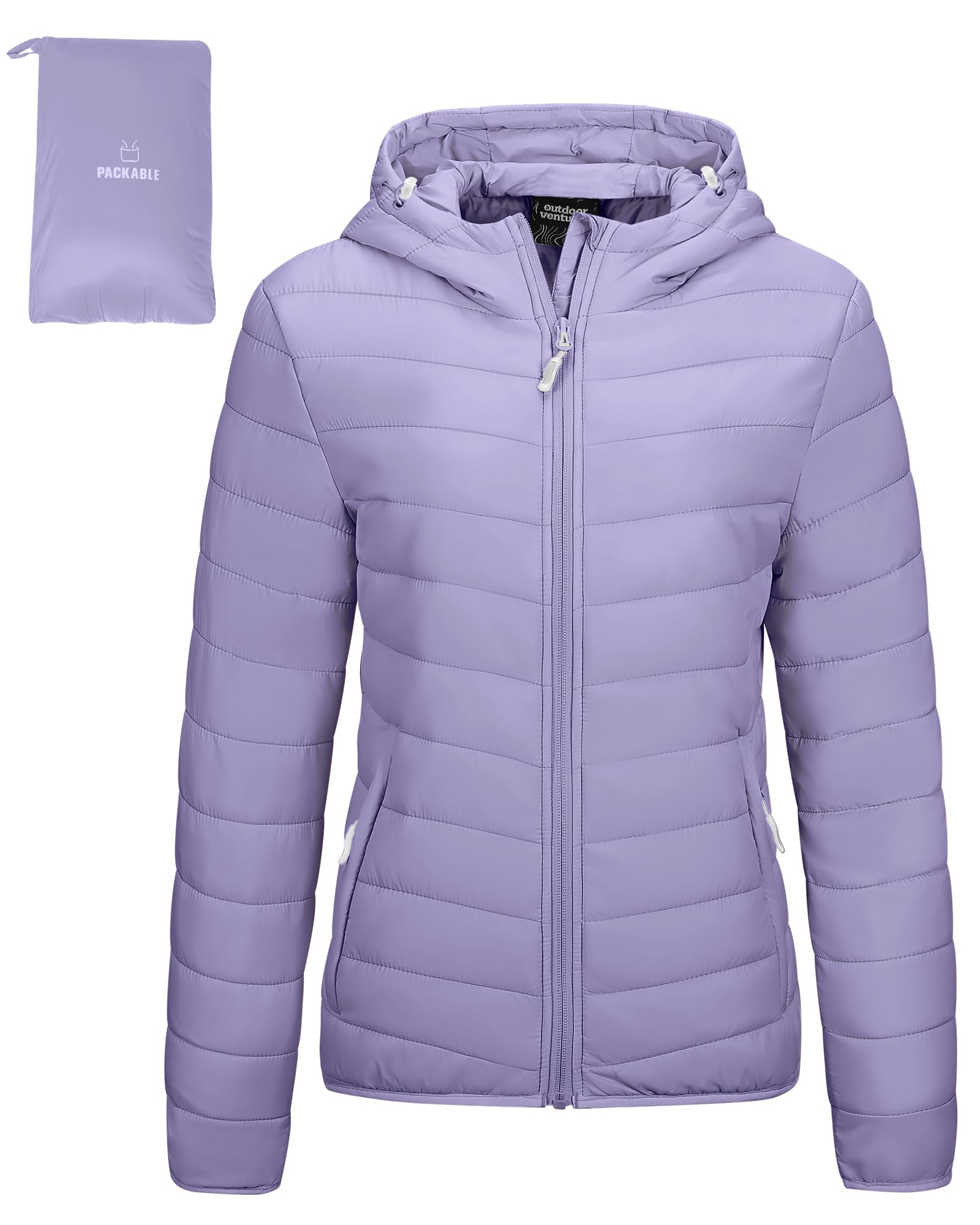 Outdoor Ventures Women's Packable Lightweight Full-Zip Puffer Jacket with Hood Quilted Winter Coat