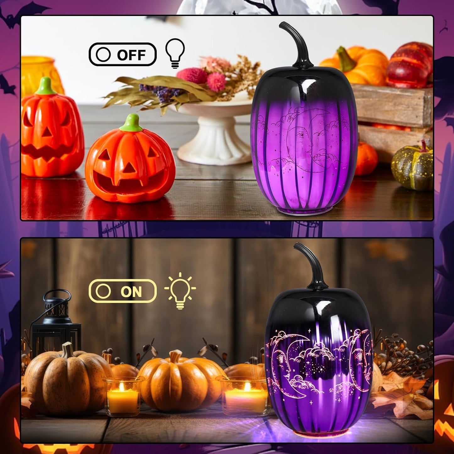 VCUTEKA Glass Pumpkin Lights, Lighted Pumpkins Halloween Decorations for Home, Pumpkin for Indoor Decor and Thanksgiving Centerpieces Tables Decor, Purple