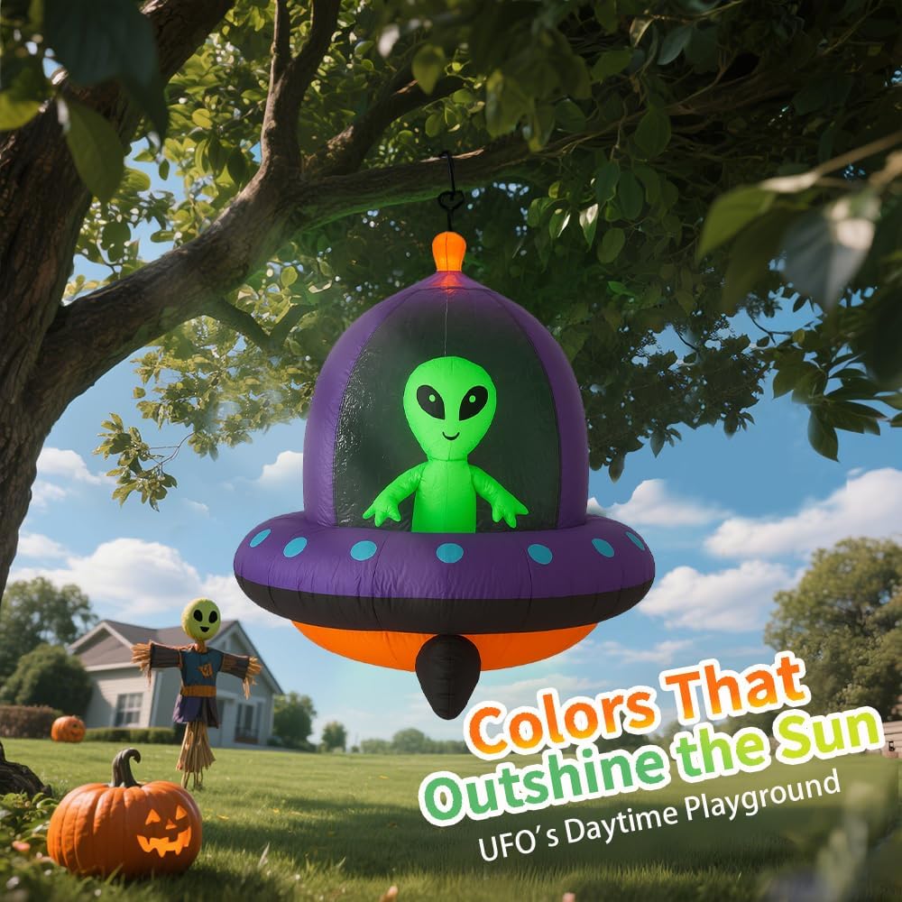 GARIG 5FT Halloween Inflatables Outdoor Decorations Aliens and UFO Build-in LEDs Lights Blow Up Yard Decorations for Garden Lawn Window Indoor Party Holiday Decor