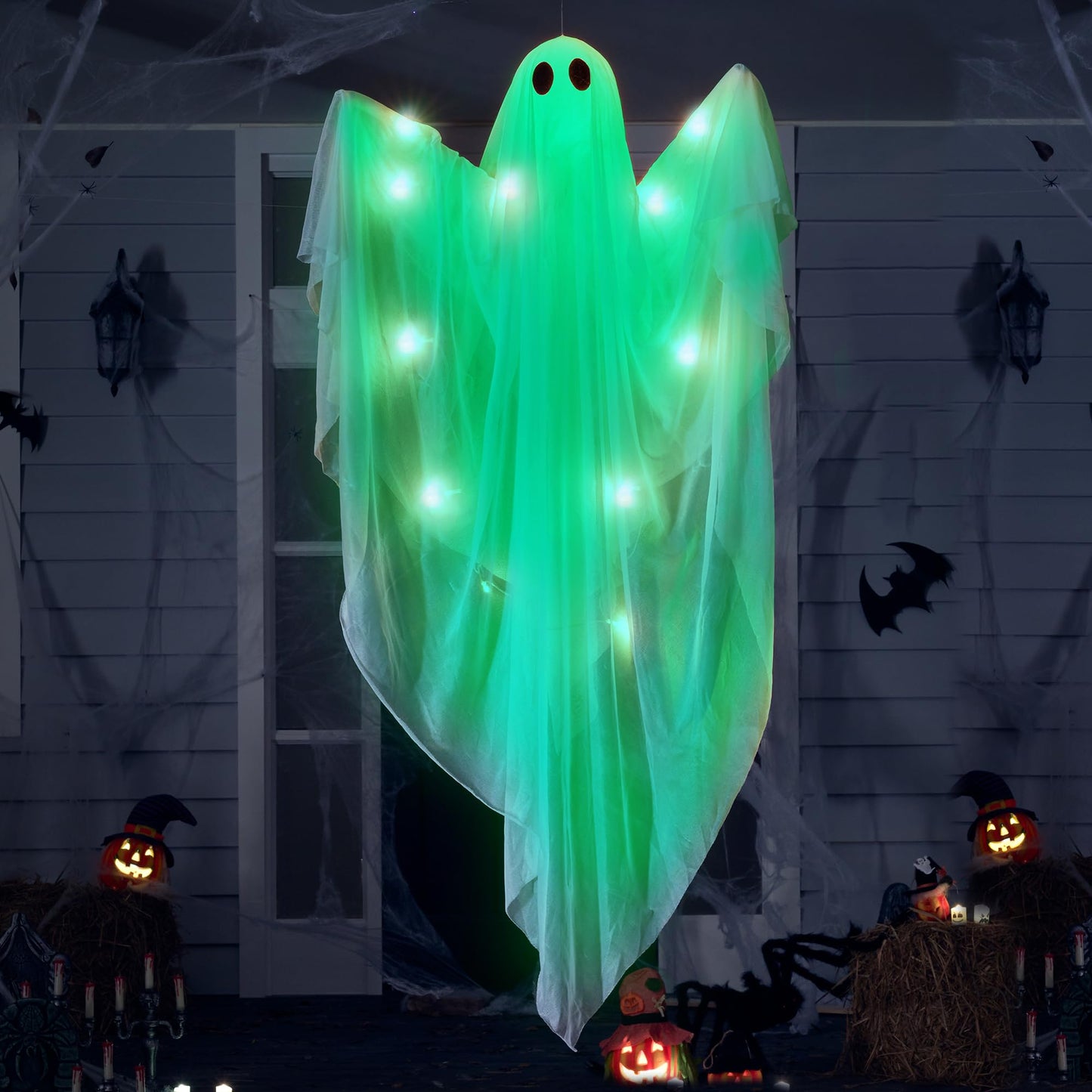 JOYIN Halloween Hanging Light up Ghost with Spooky Warm White LED Light, 47” Halloween Hanging Decoration White Ghosts for Front Yard Patio Lawn Garden Party Decor Indoor Outdoor