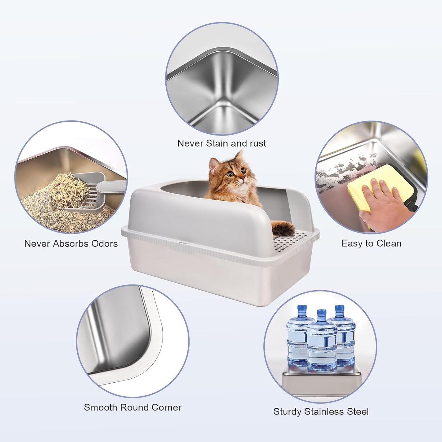 Stainless Steel Cat Litter Box with Lid, 24" L x 16" W x 11.8" H, Extra Large Litter Box for Big Cats with High Sided, Anti-Urine Leakage, Easy Cleaning, Include Cat Mat and Scoop
