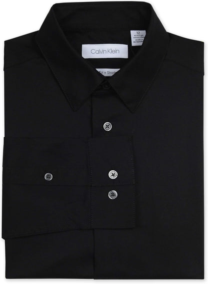 Calvin Klein Boys' Long Sleeve Sateen Dress Shirt, Button-Down Style with Cuffs & Shirttail Hem