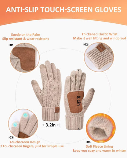 Winter Beanie Hat Scarf Gloves Set for Women, Pom Pom Beanie Fleece Lined Knit Neck Warmer Touchscreen Gloves 3 in 1 Gift Set