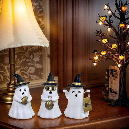 Resin Small White Ghost Figurines, 3PCS Ghosts with Witch Hats, Cute Ghost Statue for Spooky Halloween Decor, for Indoor Halloween Party Tabletop Home Shelf Decoration