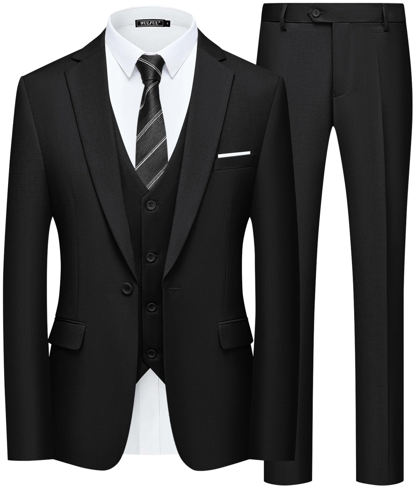 WULFUL Men’s Slim Fit Suit One Button 3-Piece Blazer Dress Business Wedding Party Jacket Vest & Pant