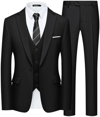 WULFUL Men’s Slim Fit Suit One Button 3-Piece Blazer Dress Business Wedding Party Jacket Vest & Pant