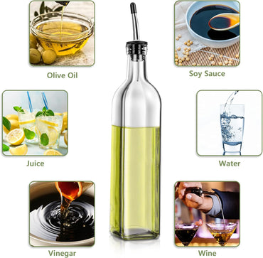 Olive Oil Dispenser Bottle, 2 Pcs Glass Olive Oil Dispenser and Vinegar Dispenser Set with 2 Stainless Steel Pourers, 4 Labels,1 Brush and 1 Funnel Oil Bottles for Kitchen (500ml)