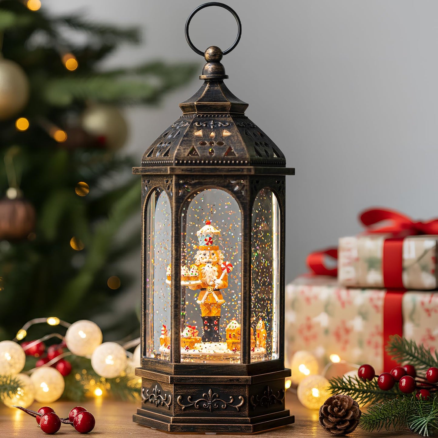 Christmas Snow Globe Swirling Glittering Nativity Scene with Music, USB Lined/Battery Operated Lighted Water Lantern for Christmas Festival Decoration Gifts