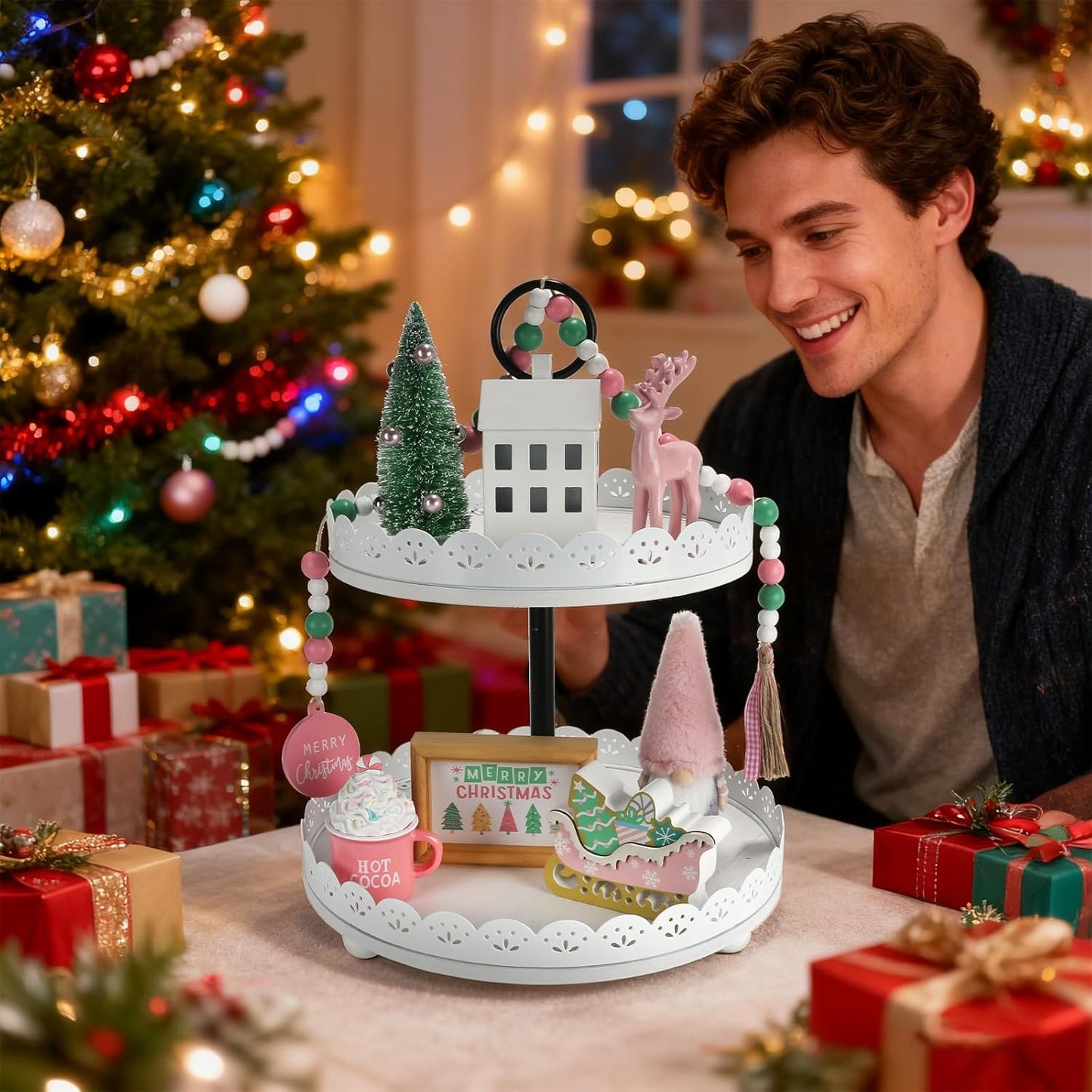 Pink Christmas Decorations 8 PCS Tiered Tray Decor Set, Cute Girlie Tabletop Christmas Decor for Home Shelf Mantel Fireplace Office Desk Coffee Bar Pastel Xmas Holiday Table Centerpieces Tray Objects