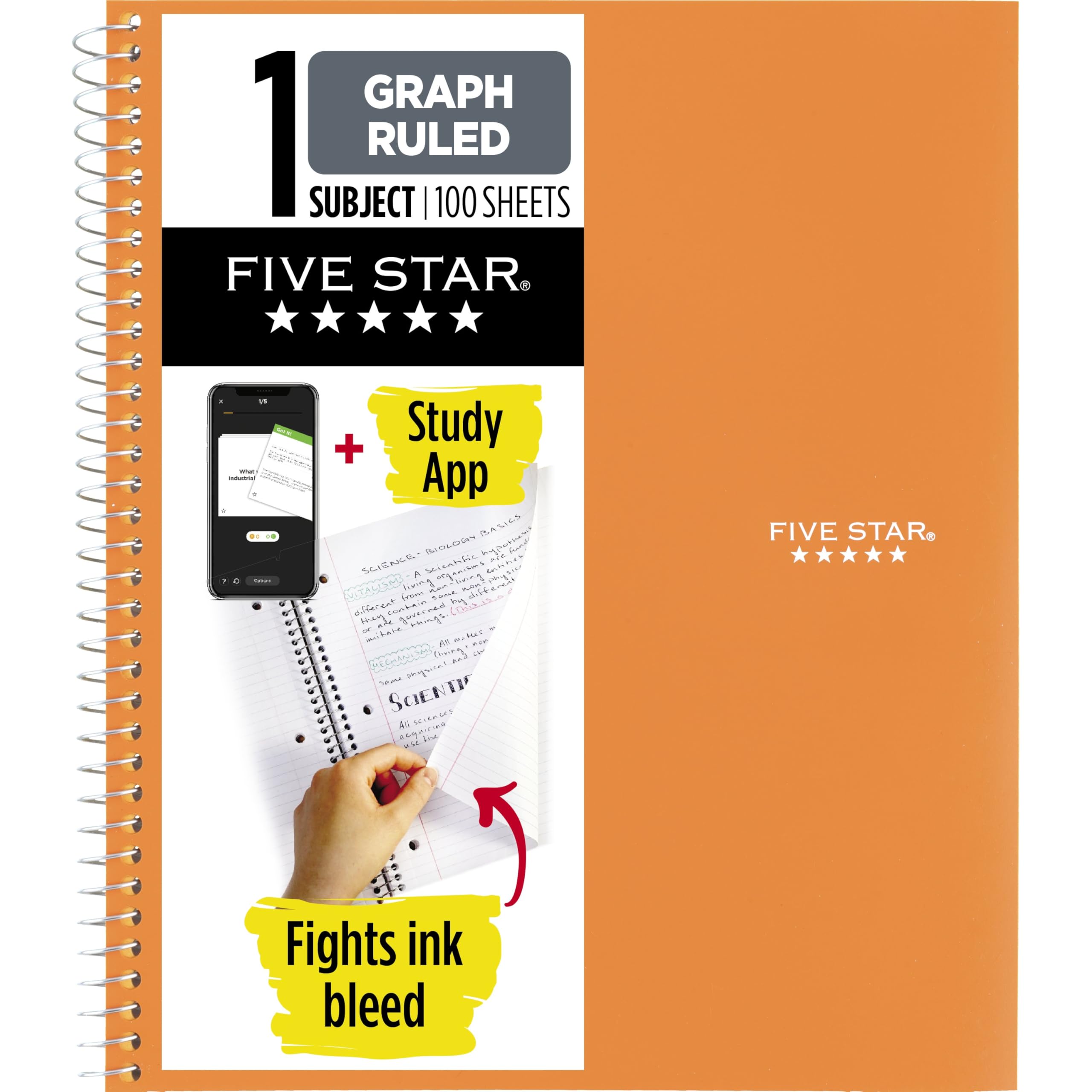 Five Star Spiral Notebook + Study App, 1 Subject, Graph Ruled Paper, 8-1/2" x 11", 100 Sheets, Fights Ink Bleed, Water Resistant Cover, Black (73679)